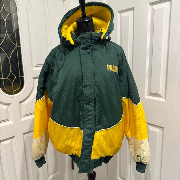 Vtg 90s Green Bay Packers NFL Football Hooded Puffer Jacket Men's L Logo 7 FLAW